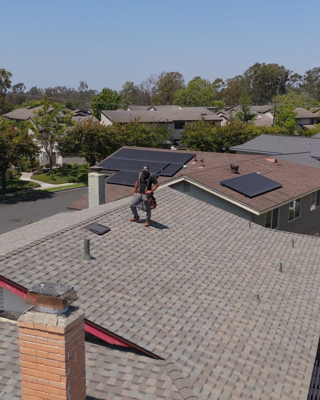 Aerial view of a Ridge Runner Roofing job in a coastal Southern California neighborhood